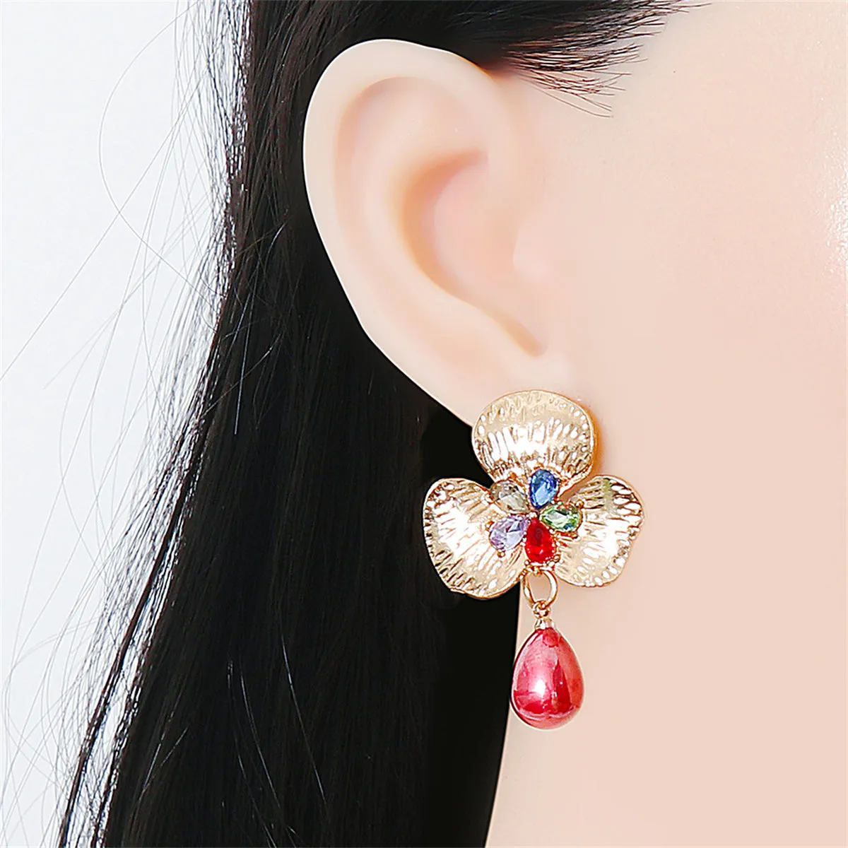 Red Pearl & Crystal 18K Gold-Plated Flower Drop Earrings