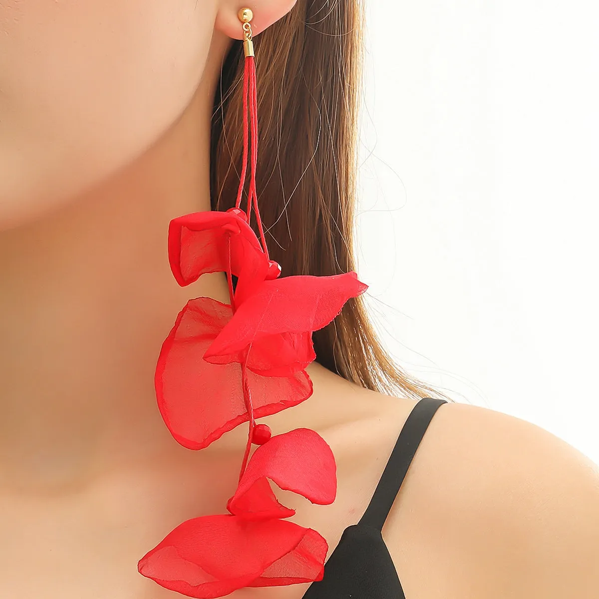 Red Polyster & 18K Gold-Plated Five-Petal Drop Earrings