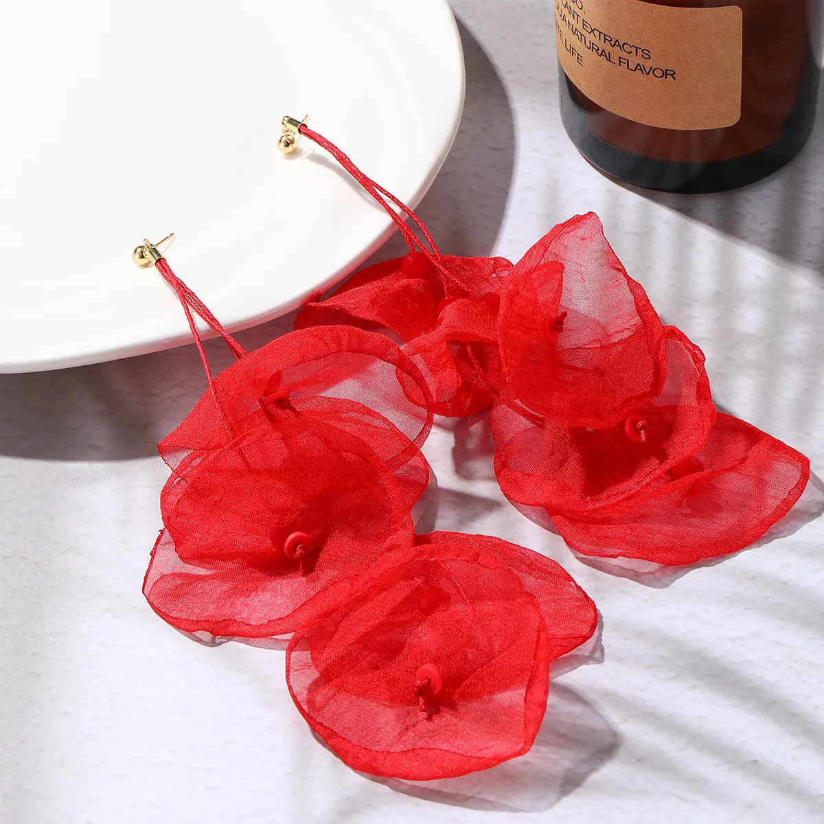 Red Polyster & 18K Gold-Plated Five-Petal Drop Earrings