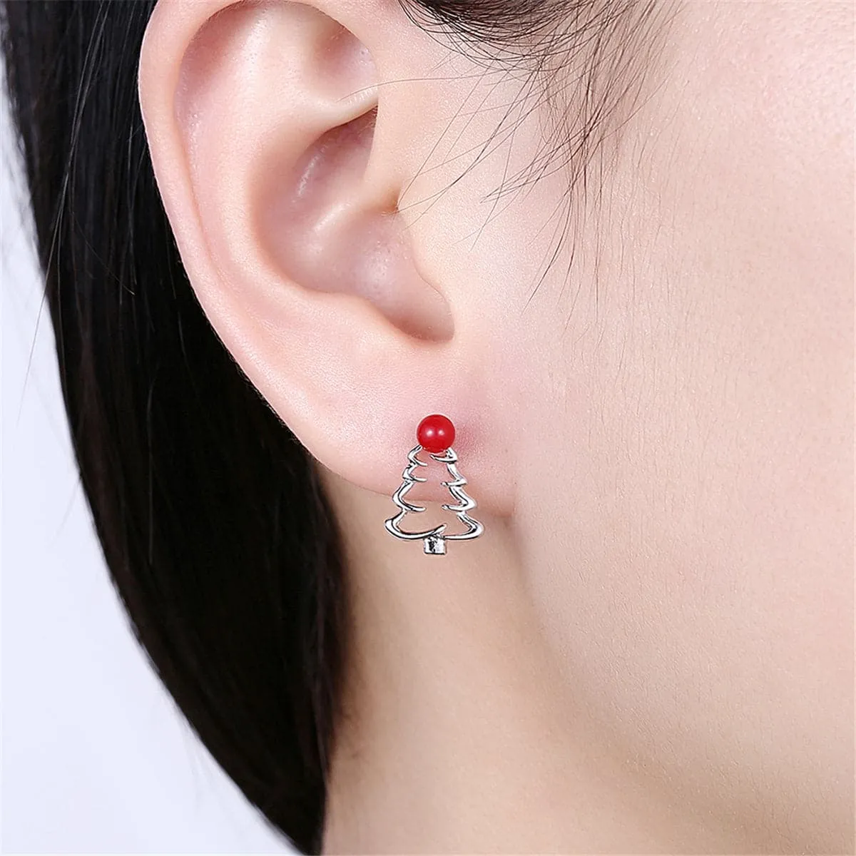 Red Resin & Silver-Plated Open Christmas Tree Stud Earrings
