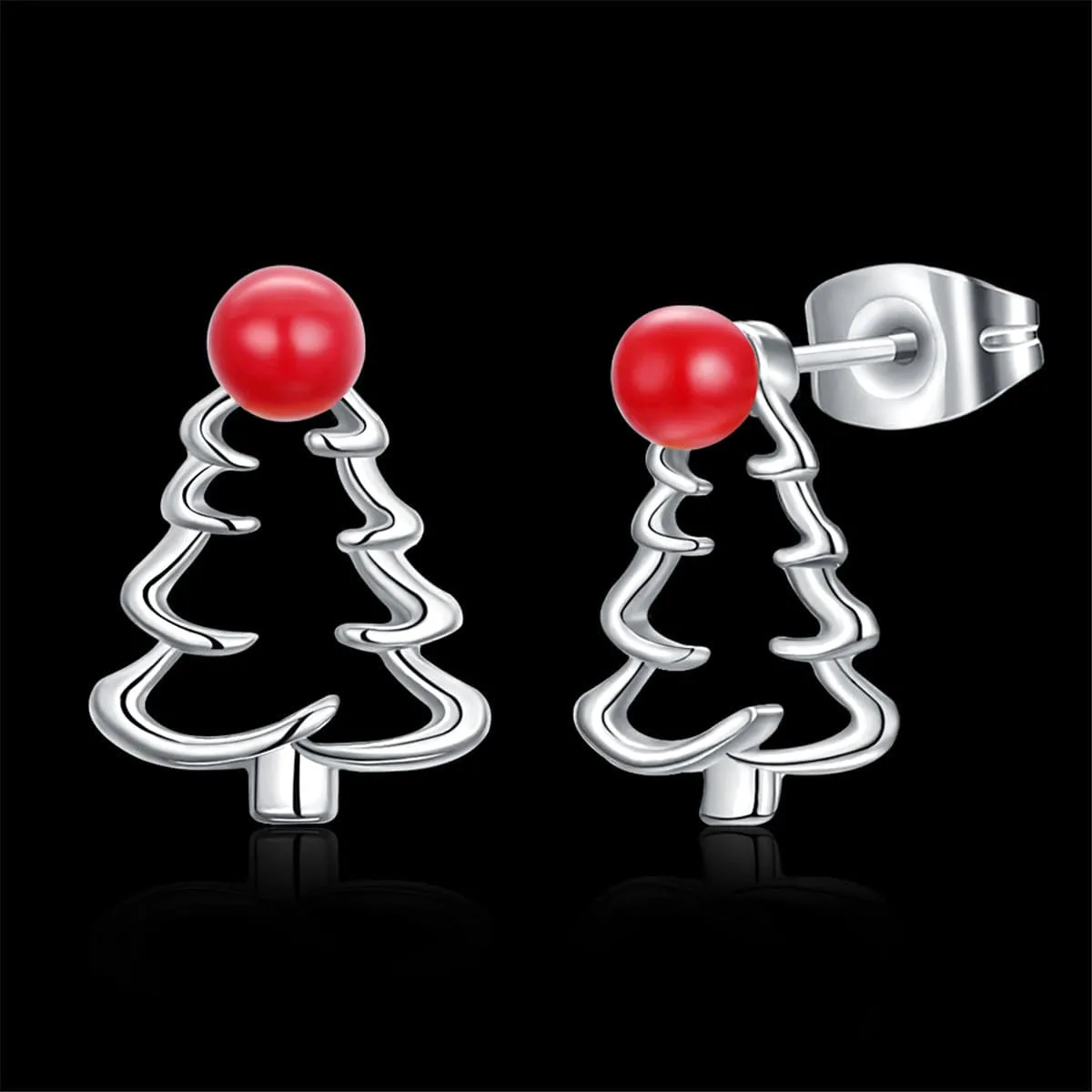 Red Resin & Silver-Plated Open Christmas Tree Stud Earrings