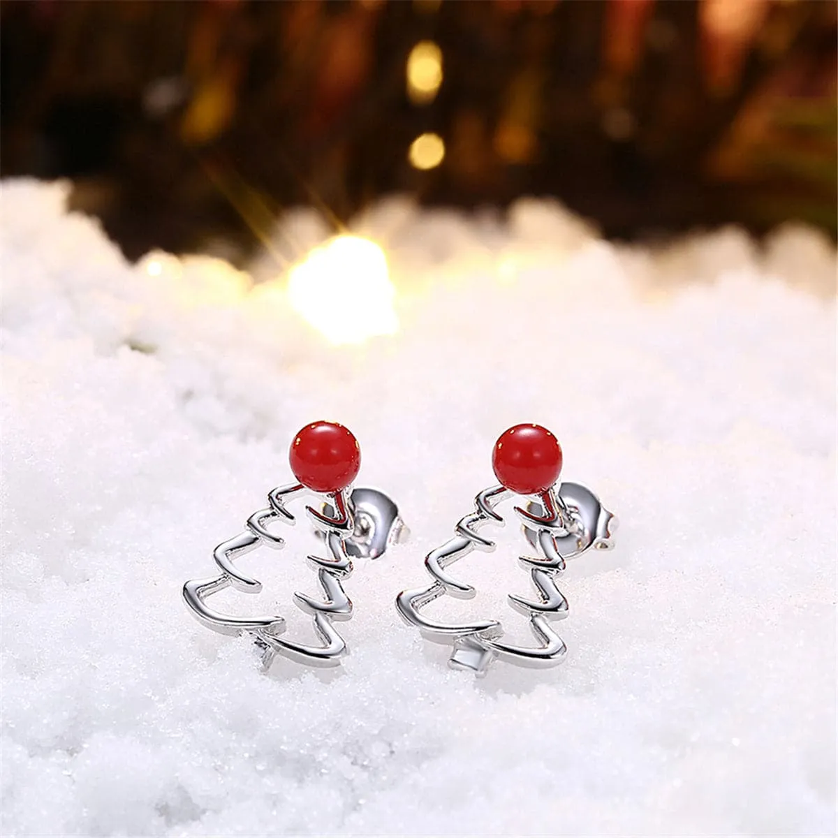 Red Resin & Silver-Plated Open Christmas Tree Stud Earrings