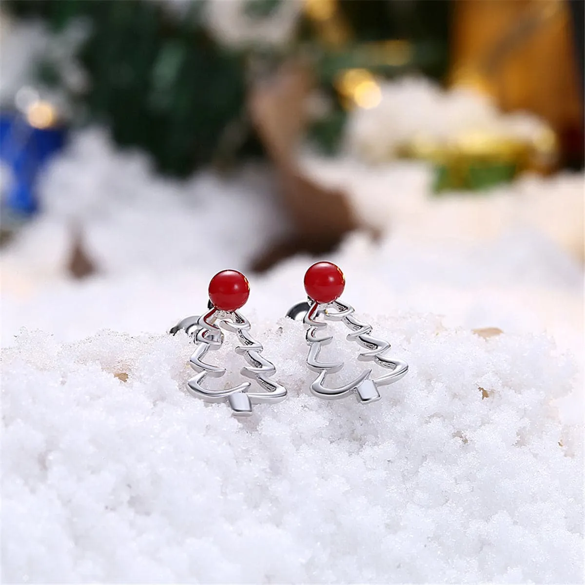 Red Resin & Silver-Plated Open Christmas Tree Stud Earrings
