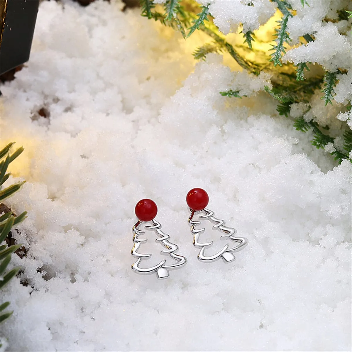 Red Resin & Silver-Plated Open Christmas Tree Stud Earrings