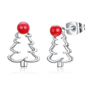 Red Resin & Silver-Plated Open Christmas Tree Stud Earrings
