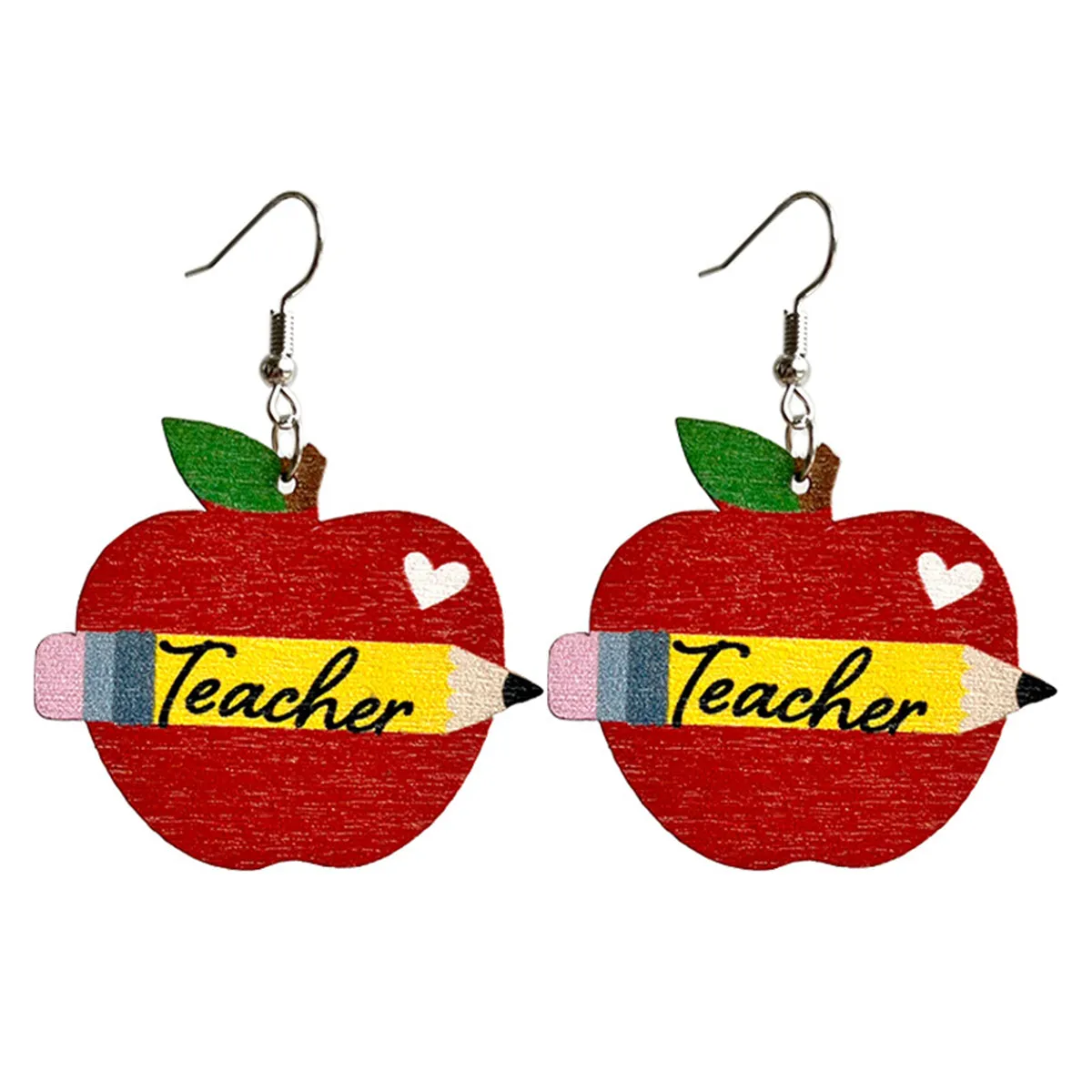 Red Wood & Silver-Plated 'Teacher' Apple Drop Earrings