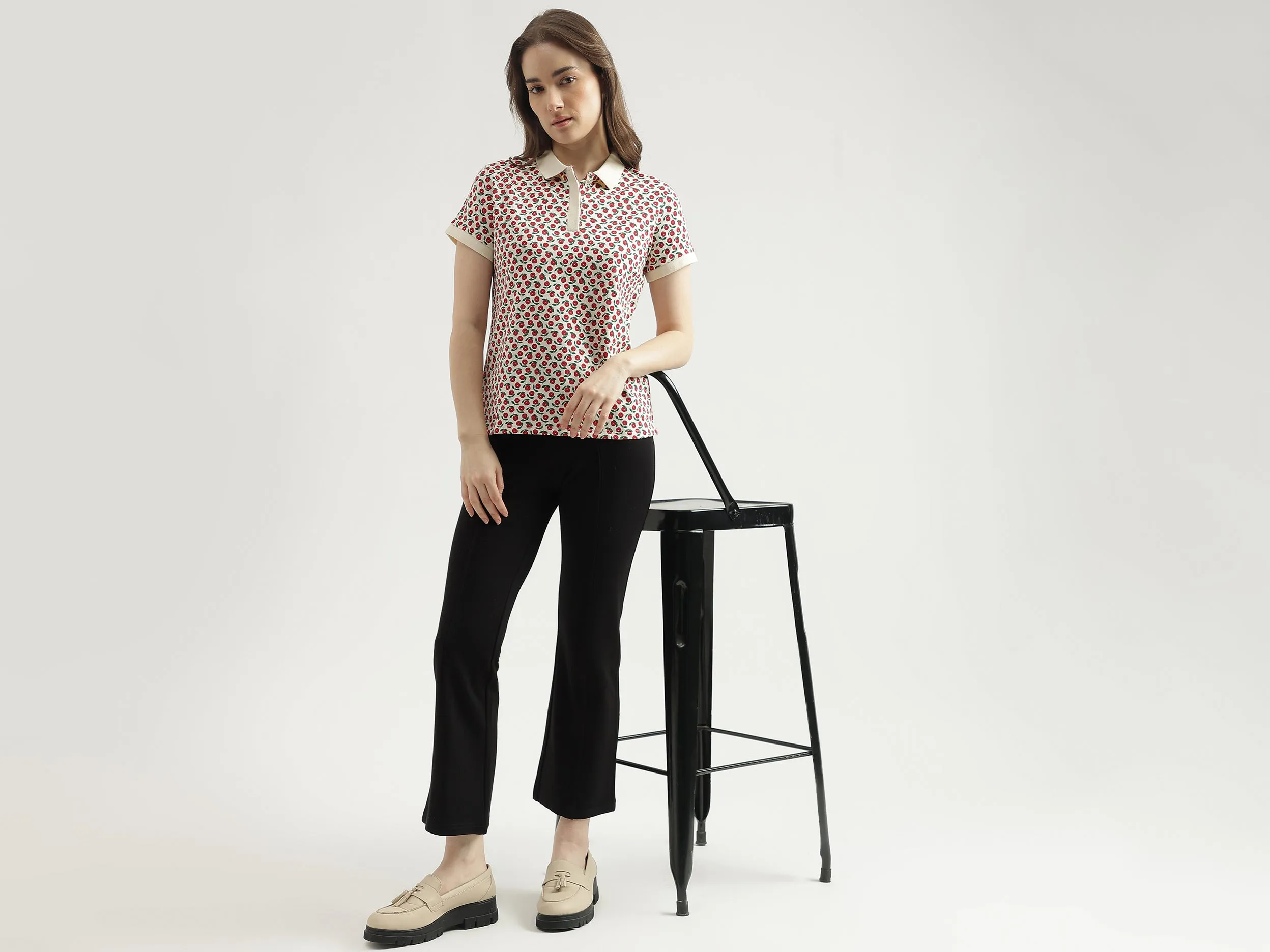 Regular Fit Polo Neck Printed Women's T-Shirt