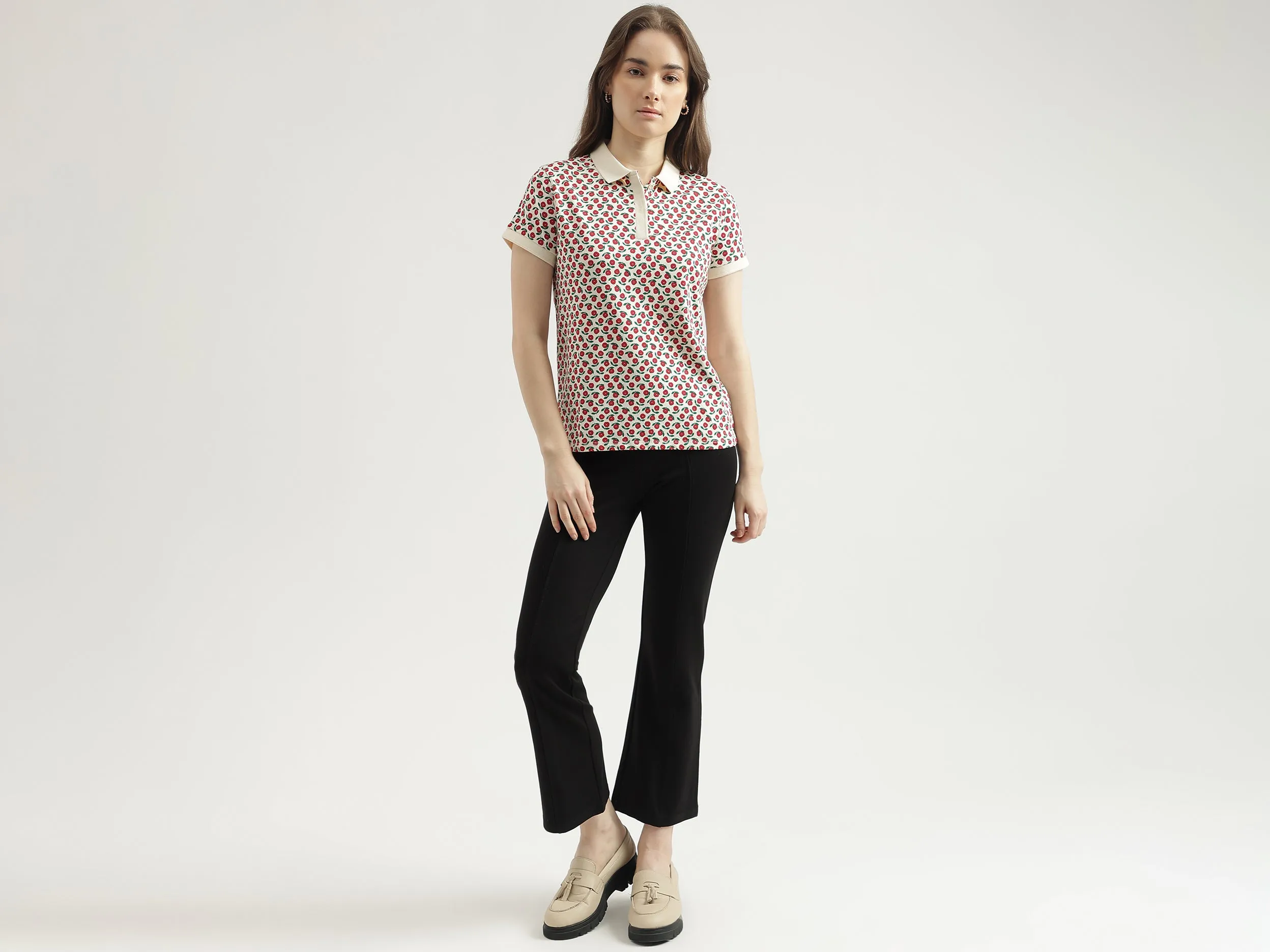 Regular Fit Polo Neck Printed Women's T-Shirt