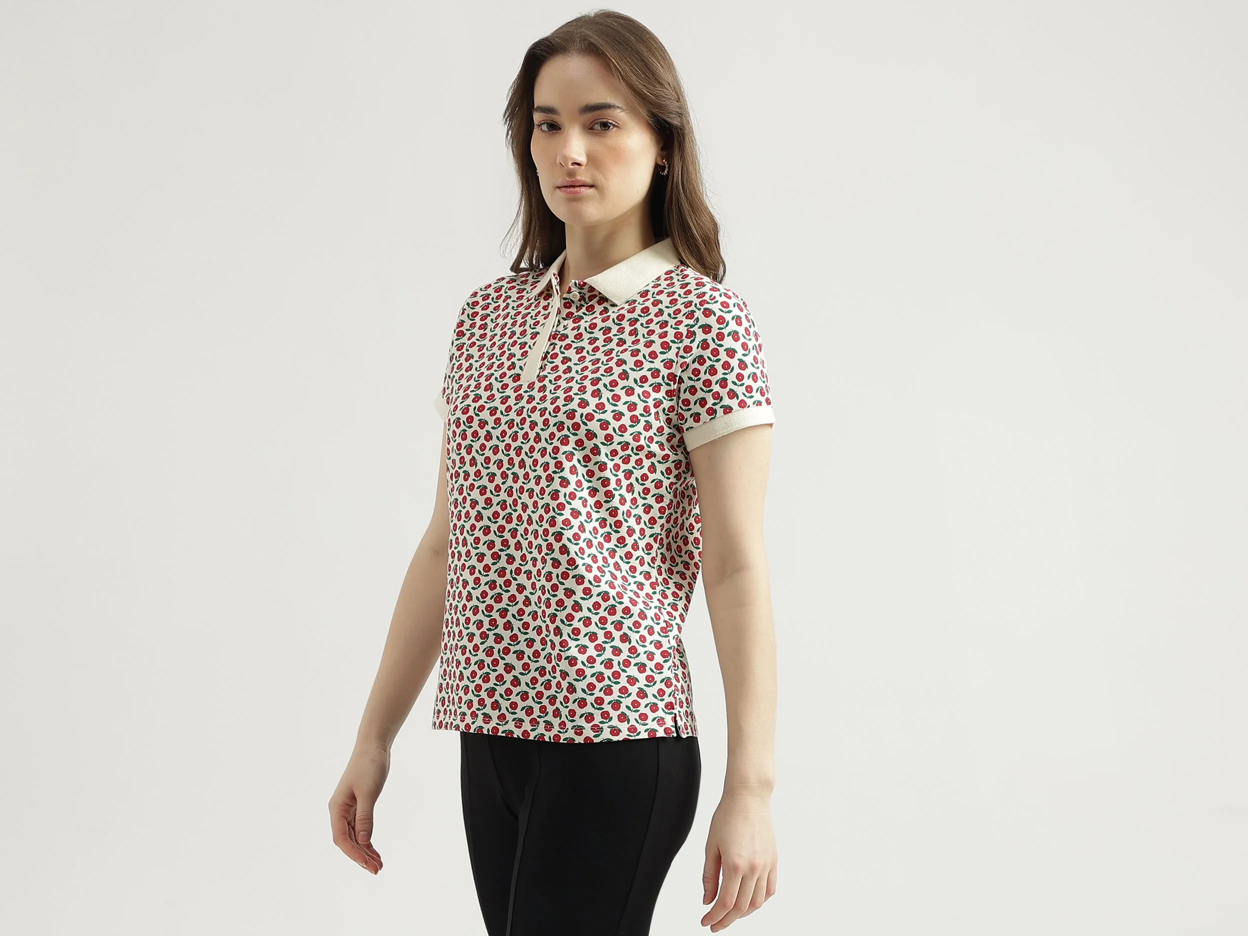 Regular Fit Polo Neck Printed Women's T-Shirt