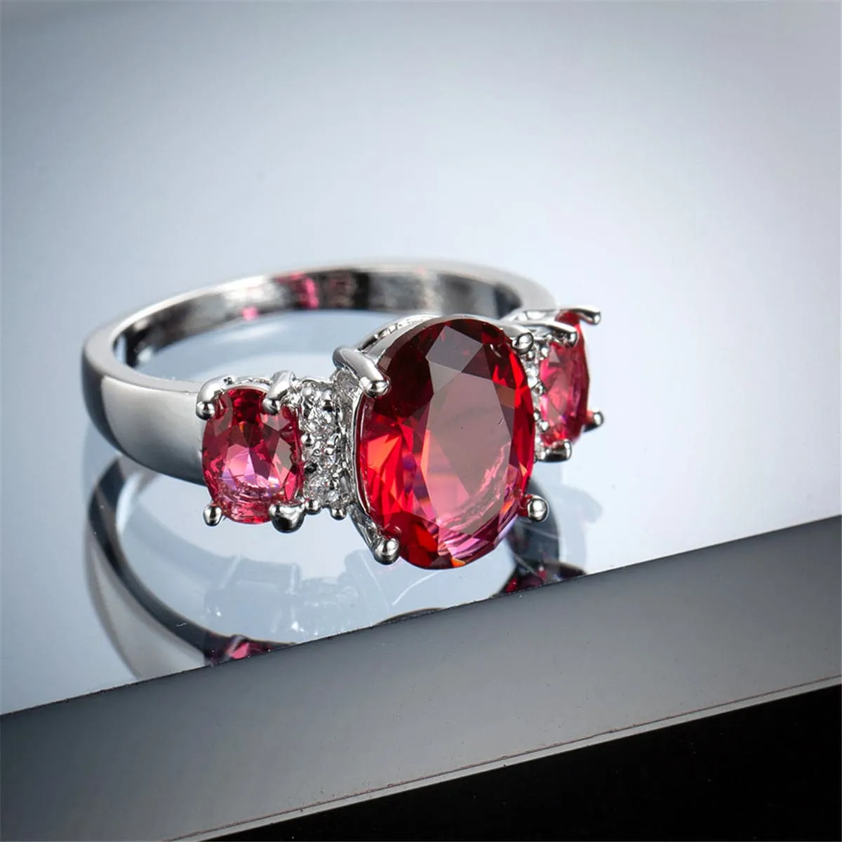 Rose Crystal & Polatinum-Plated Three-Stone Ring