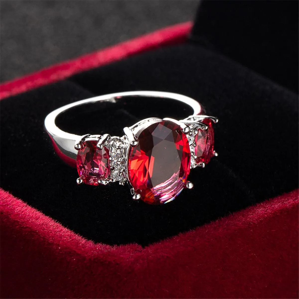 Rose Crystal & Polatinum-Plated Three-Stone Ring