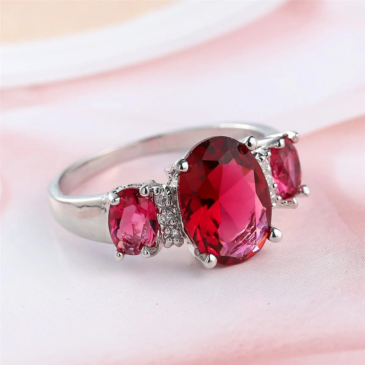 Rose Crystal & Polatinum-Plated Three-Stone Ring