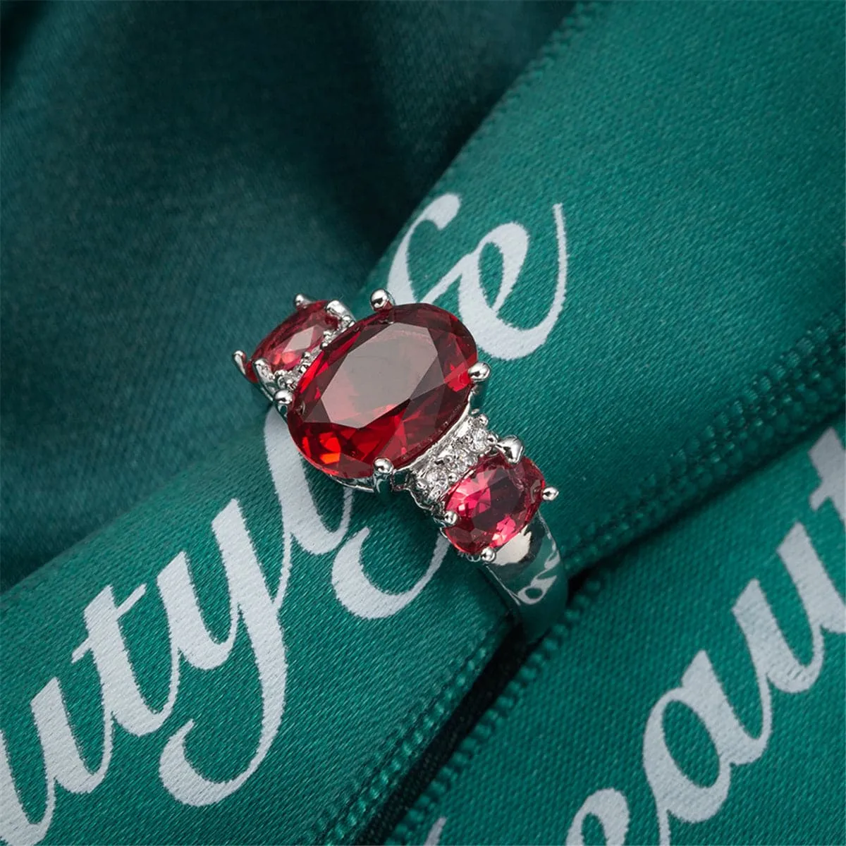 Rose Crystal & Polatinum-Plated Three-Stone Ring