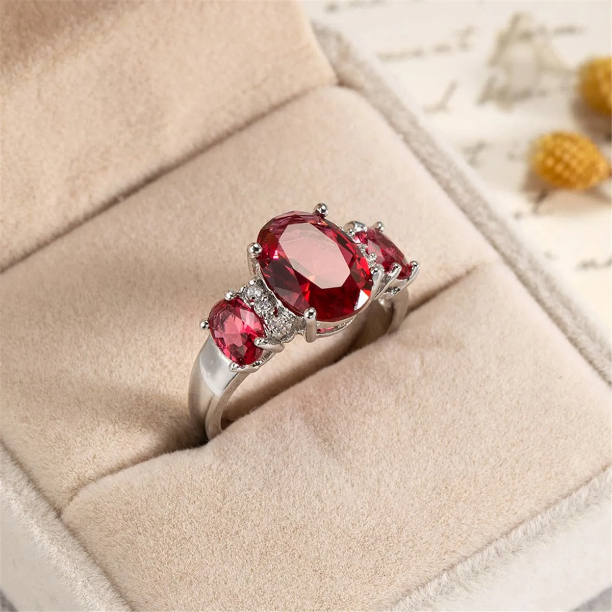Rose Crystal & Polatinum-Plated Three-Stone Ring