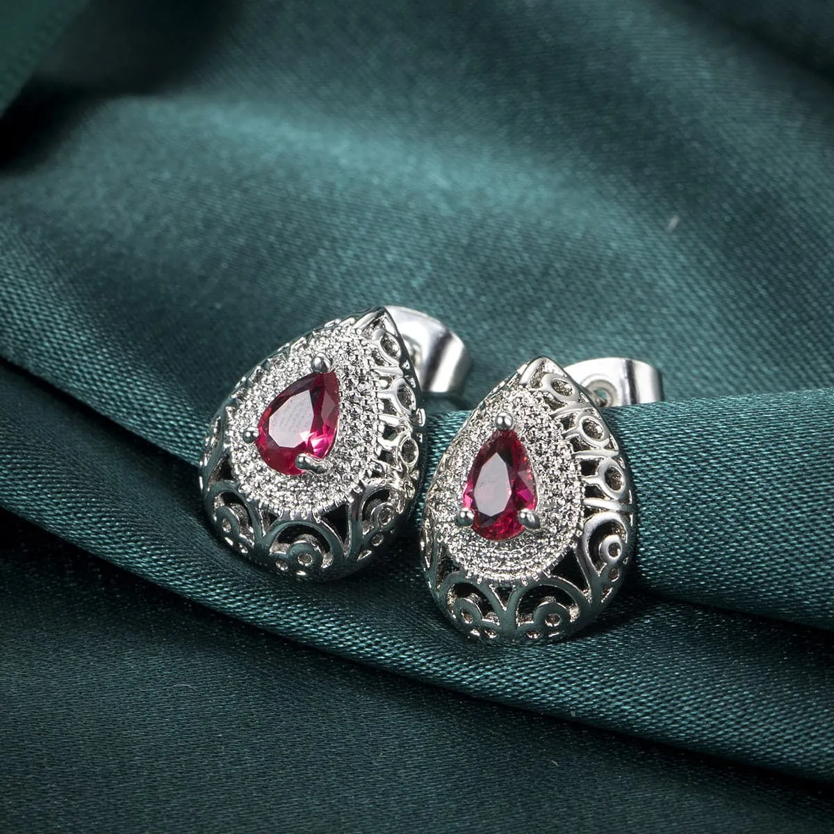 Rose Crystal & Silver-Plated Filigree Pear-Cut Stud Earrings