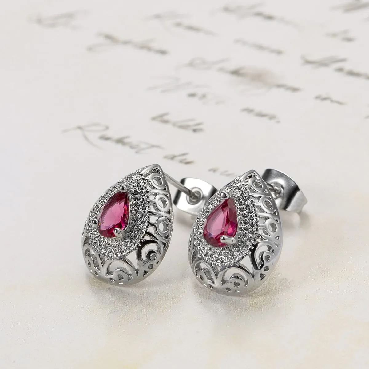 Rose Crystal & Silver-Plated Filigree Pear-Cut Stud Earrings