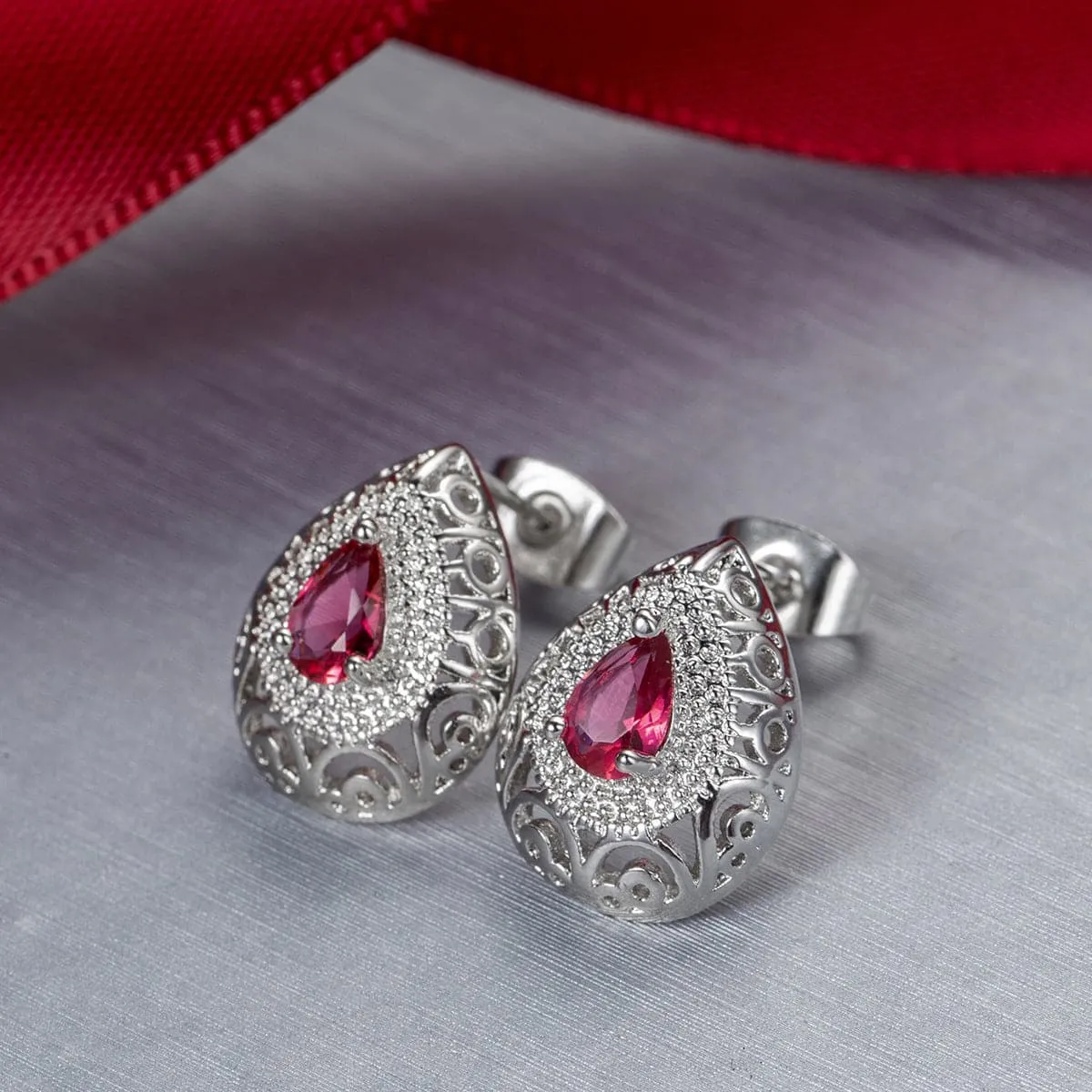 Rose Crystal & Silver-Plated Filigree Pear-Cut Stud Earrings
