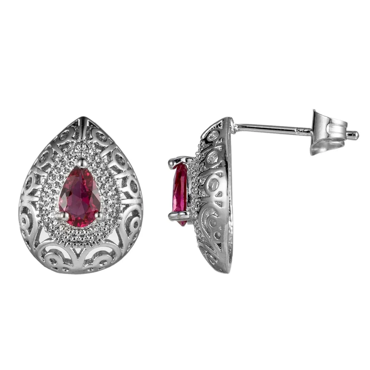 Rose Crystal & Silver-Plated Filigree Pear-Cut Stud Earrings