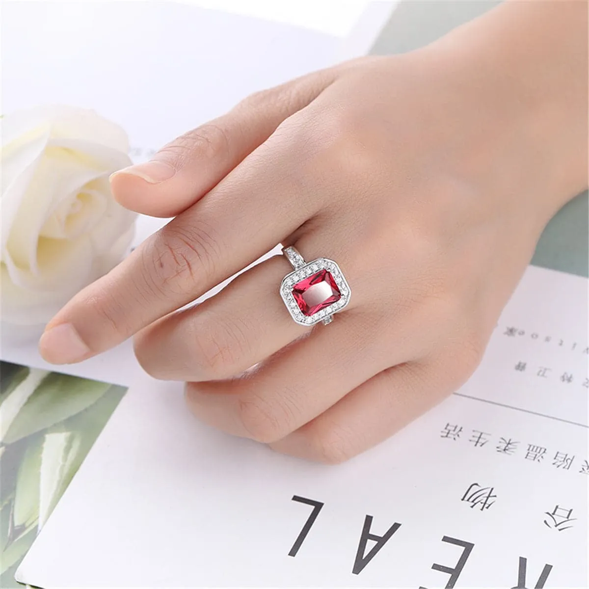 Rose Cubic Zirconia & Crystal Halo Radiant-Cut Ring