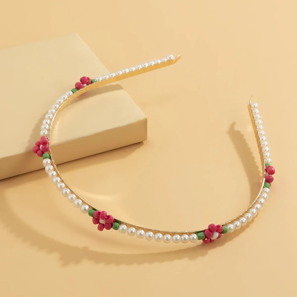 Rose Howlite & Pearl 18K Gold-Plated Floral Station Headband