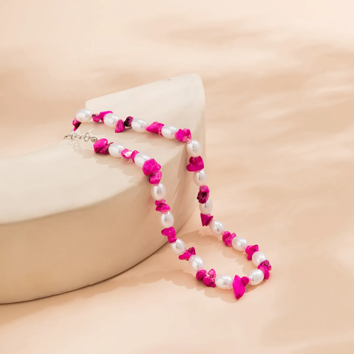 Rose Turquoise & Pearl Silver-Plated Beaded Necklace