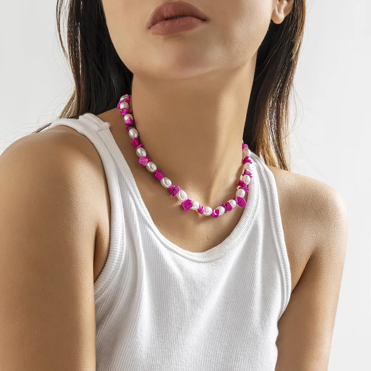 Rose Turquoise & Pearl Silver-Plated Beaded Necklace
