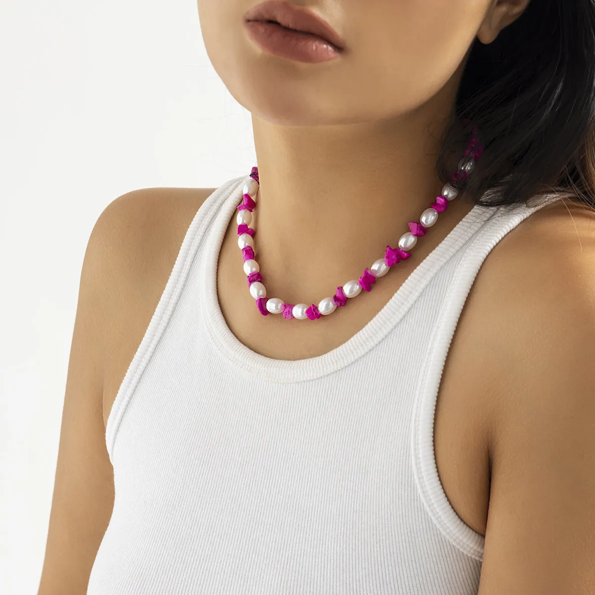 Rose Turquoise & Pearl Silver-Plated Beaded Necklace