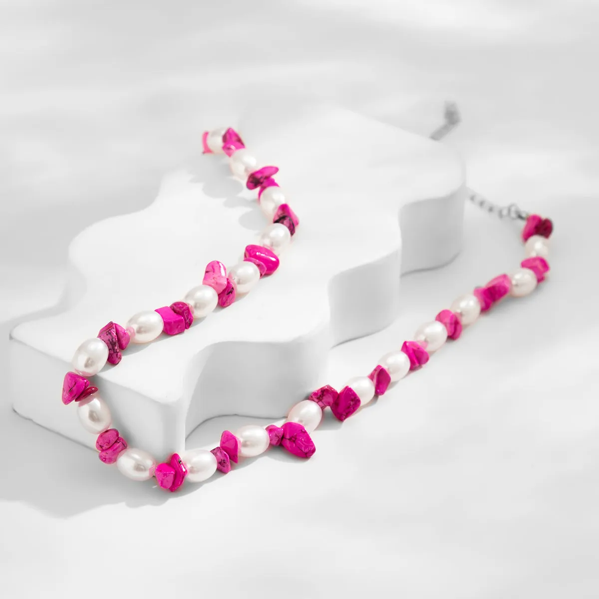 Rose Turquoise & Pearl Silver-Plated Beaded Necklace
