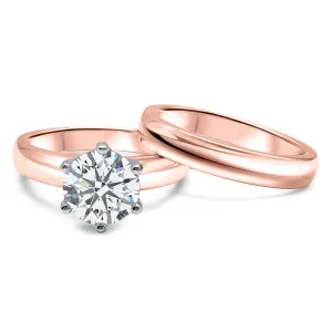 Round IGI Certified Diamond Bridal Set | 14k Rose Gold | 1, 2, or 3 Carat Engagement Ring and Wedding Band
