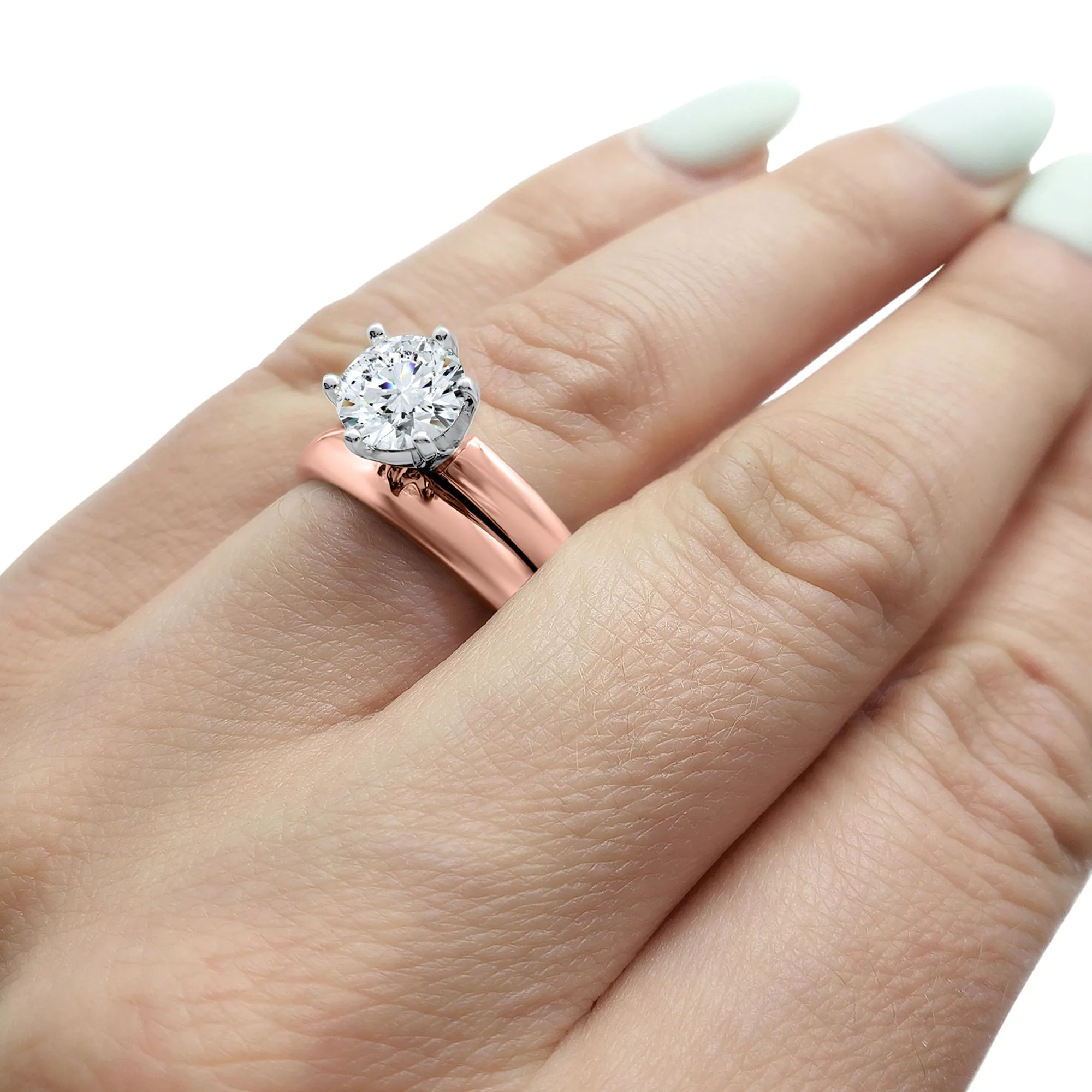 Round IGI Certified Diamond Bridal Set | 14k Rose Gold | 1, 2, or 3 Carat Engagement Ring and Wedding Band