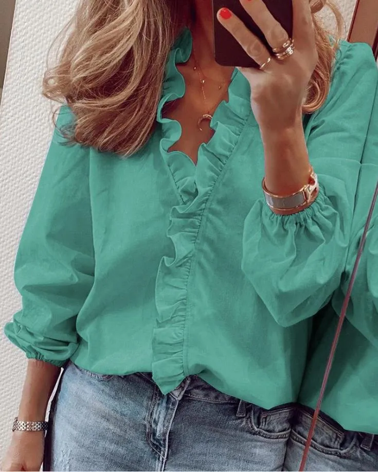 RuffleGaze™ | Women's V-Neck Ruffle Blouse | Lightweight Fabric, Stylish Design & Breathable Comfort