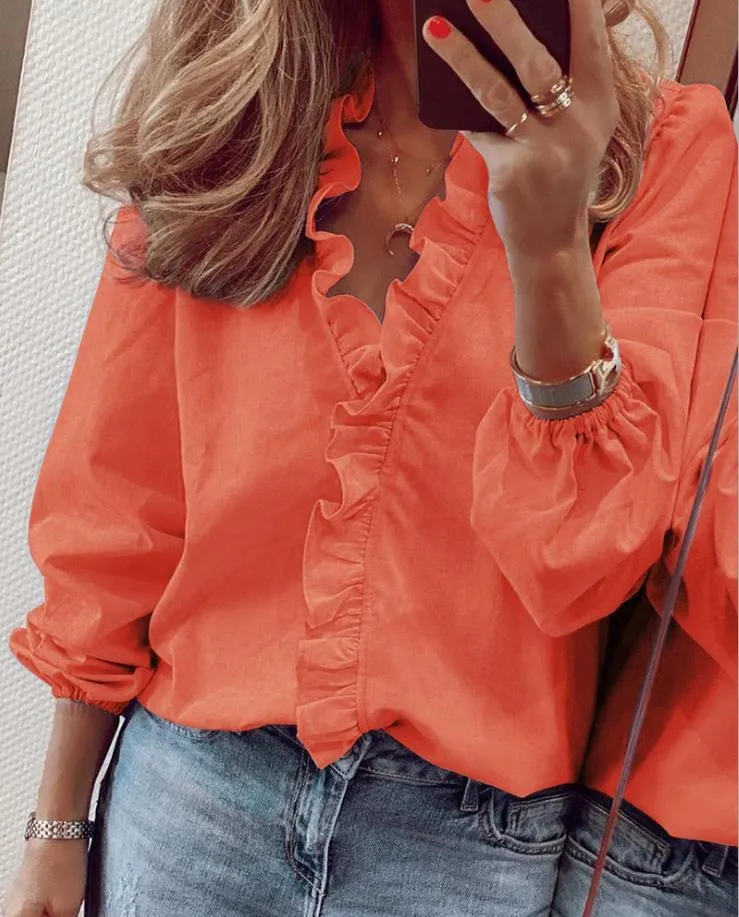 RuffleGaze™ | Women's V-Neck Ruffle Blouse | Lightweight Fabric, Stylish Design & Breathable Comfort