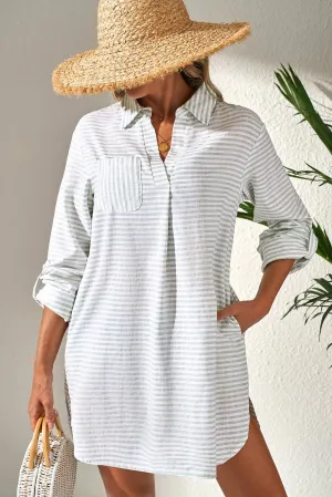 Sage & White Stripe Beach Cover up: White Stripe