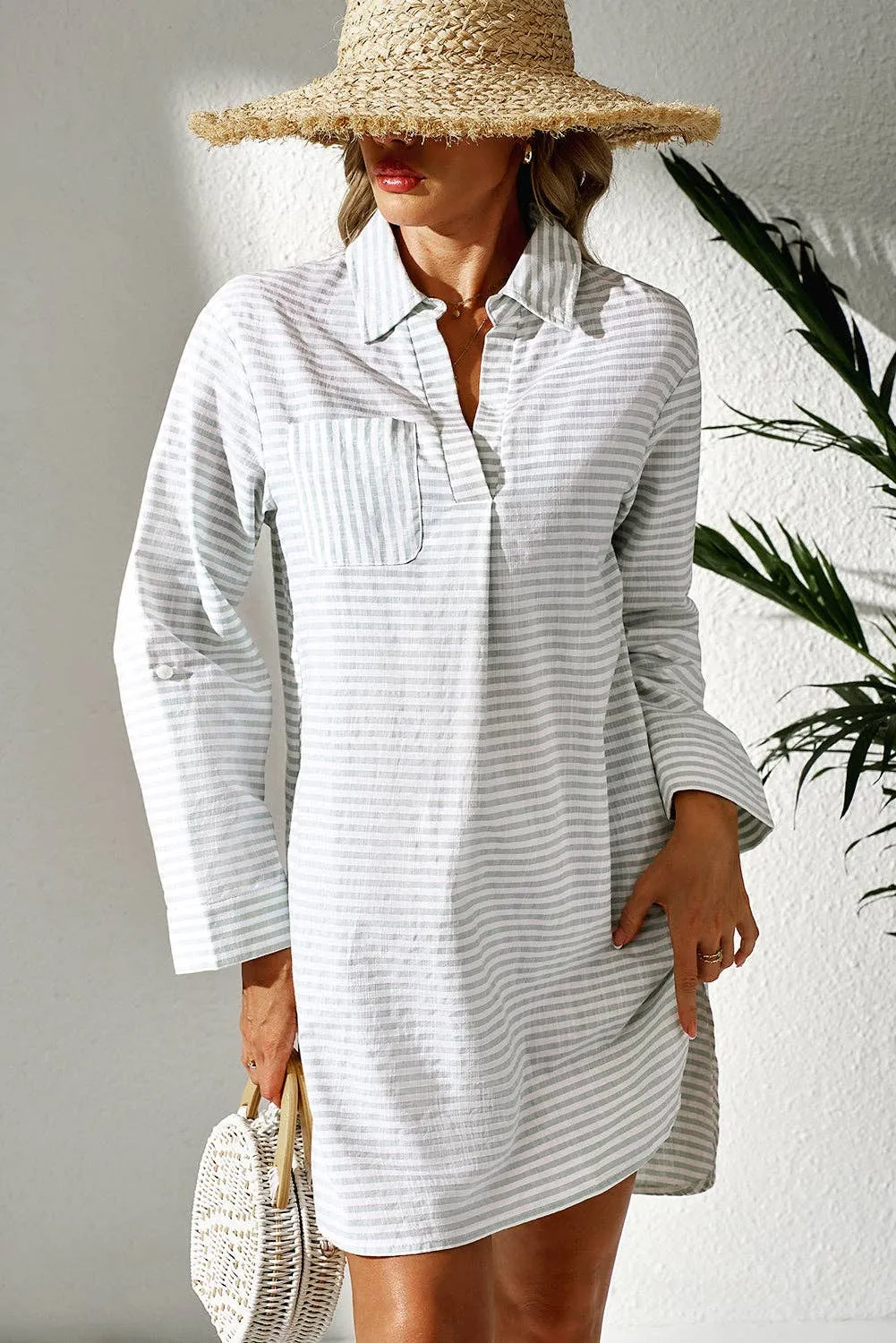 Sage & White Stripe Beach Cover up: White Stripe