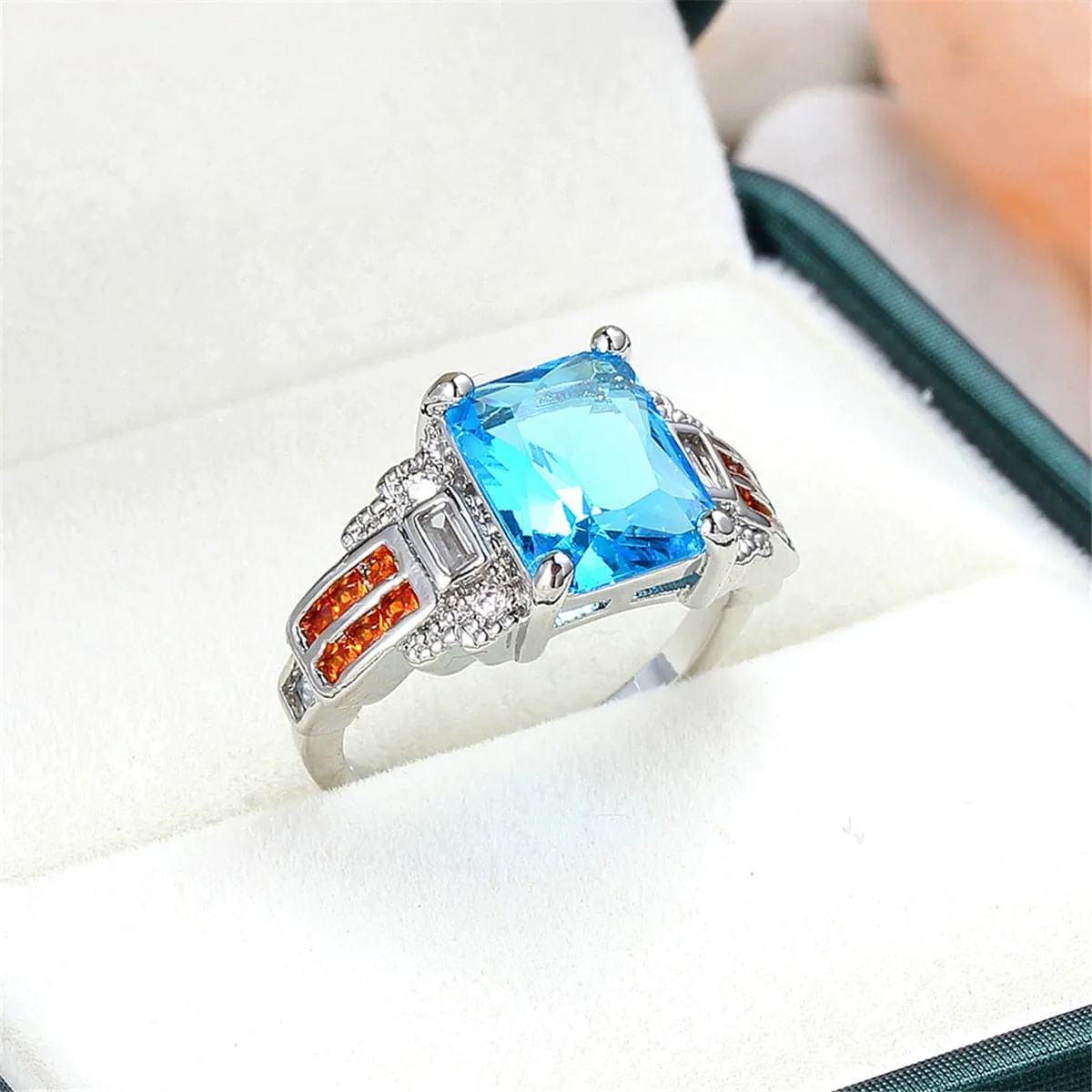 Sea Blue Crystal & Cubic Zirconia Geometric Ring