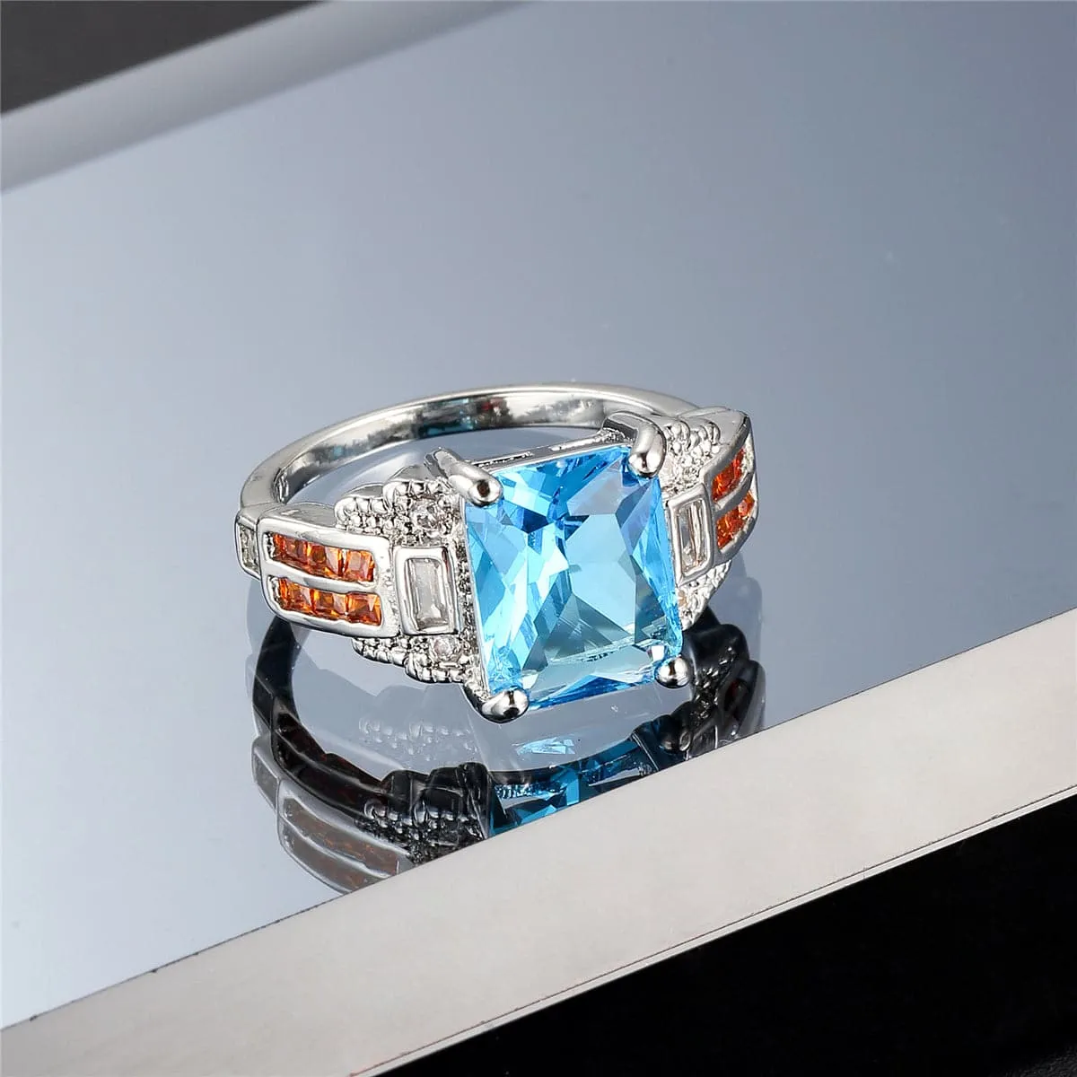 Sea Blue Crystal & Cubic Zirconia Geometric Ring