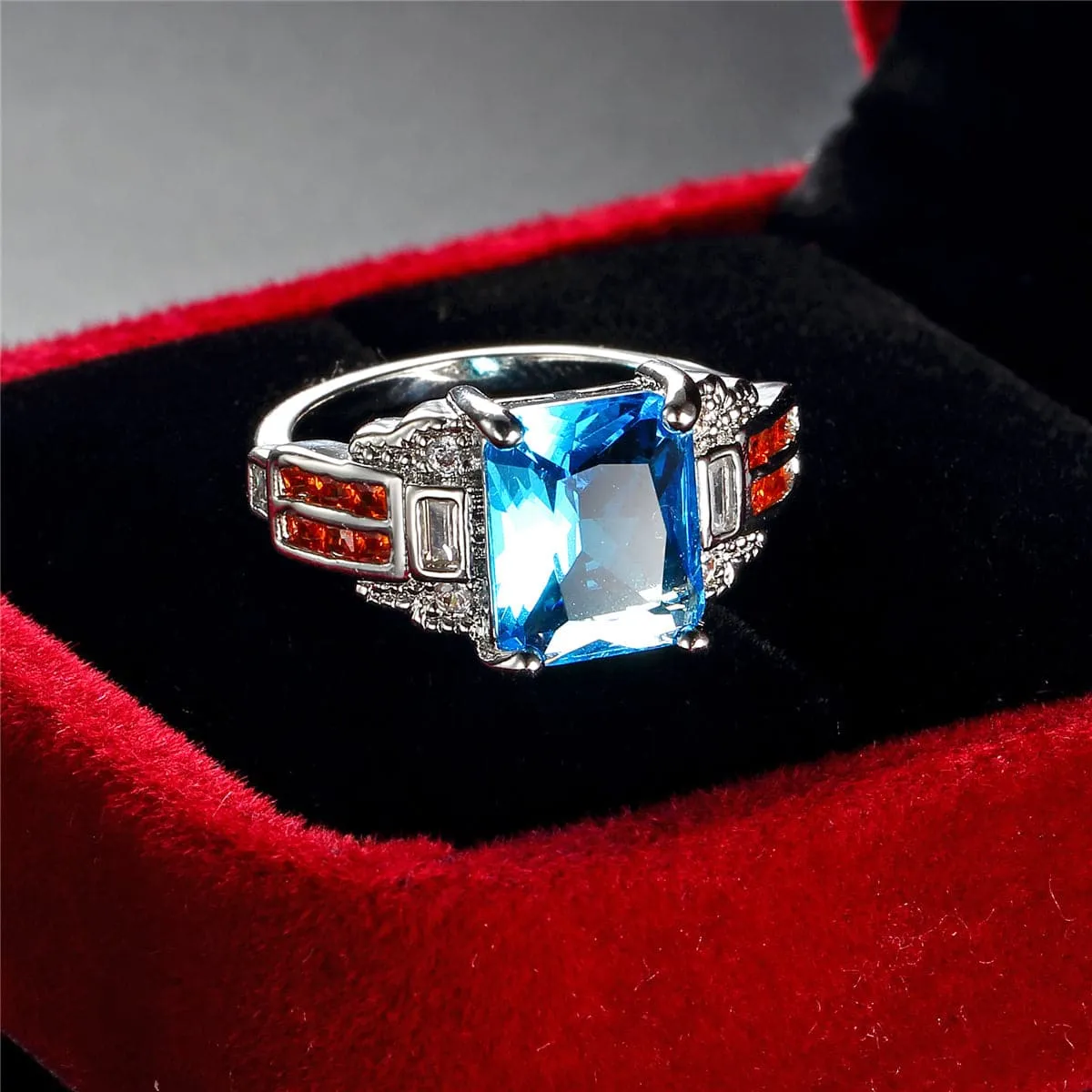 Sea Blue Crystal & Cubic Zirconia Geometric Ring