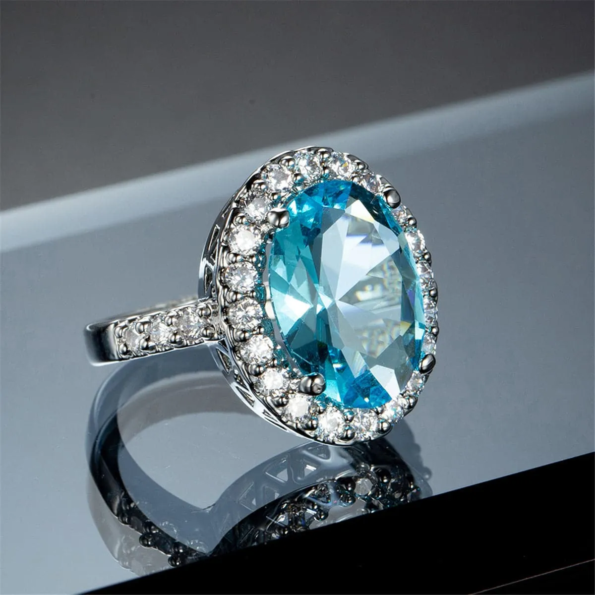 Sea Blue Crystal & Cubic Zirconia Oval-Cut Halo Ring