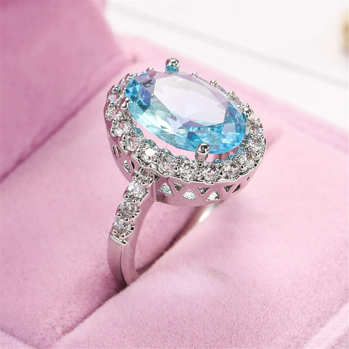 Sea Blue Crystal & Cubic Zirconia Oval-Cut Halo Ring