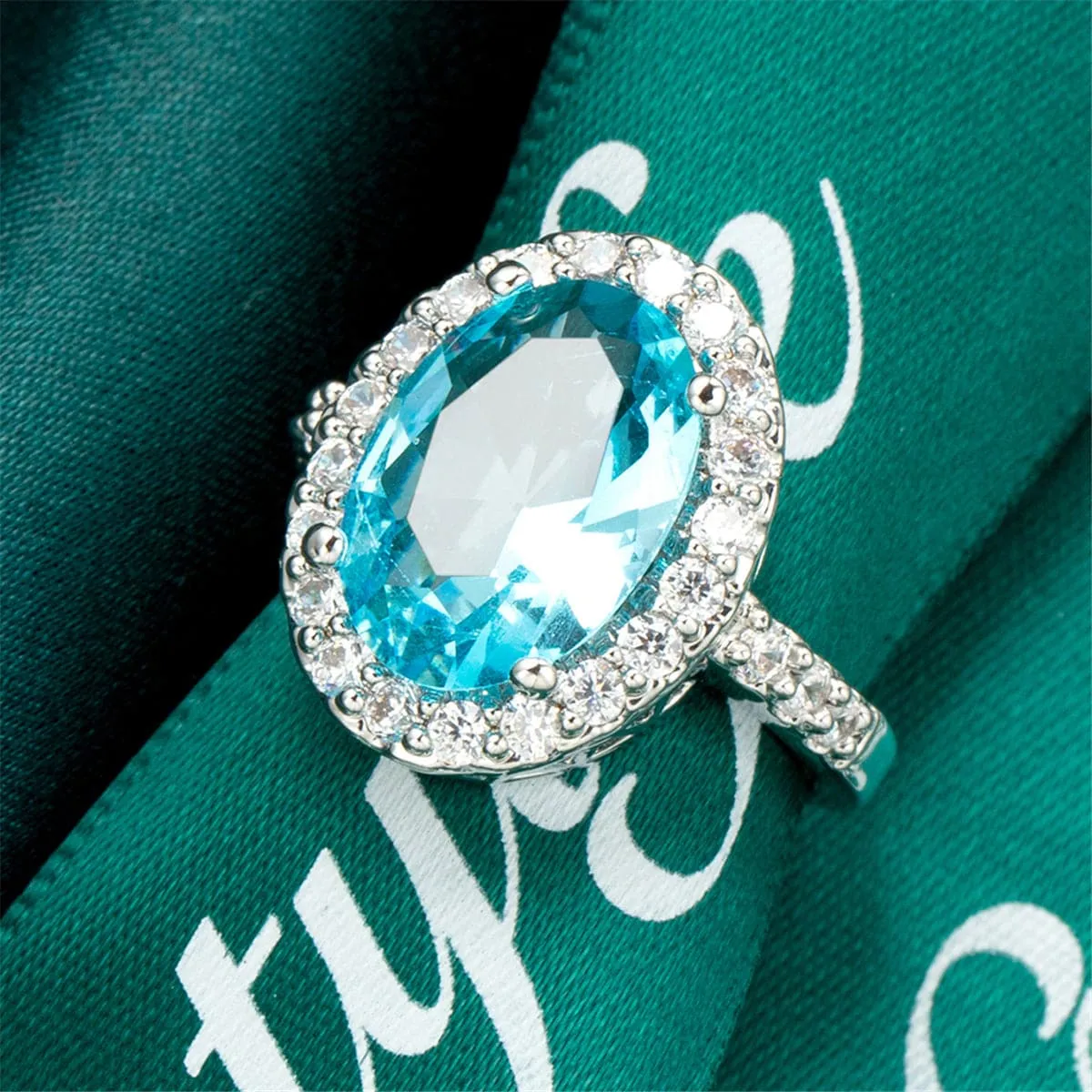 Sea Blue Crystal & Cubic Zirconia Oval-Cut Halo Ring