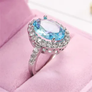 Sea Blue Crystal & Cubic Zirconia Oval-Cut Halo Ring