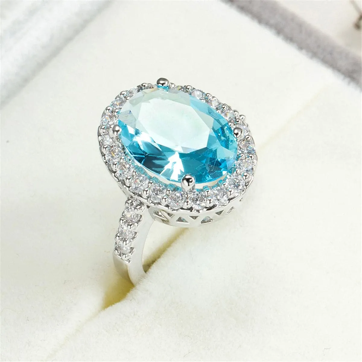 Sea Blue Crystal & Cubic Zirconia Oval-Cut Halo Ring