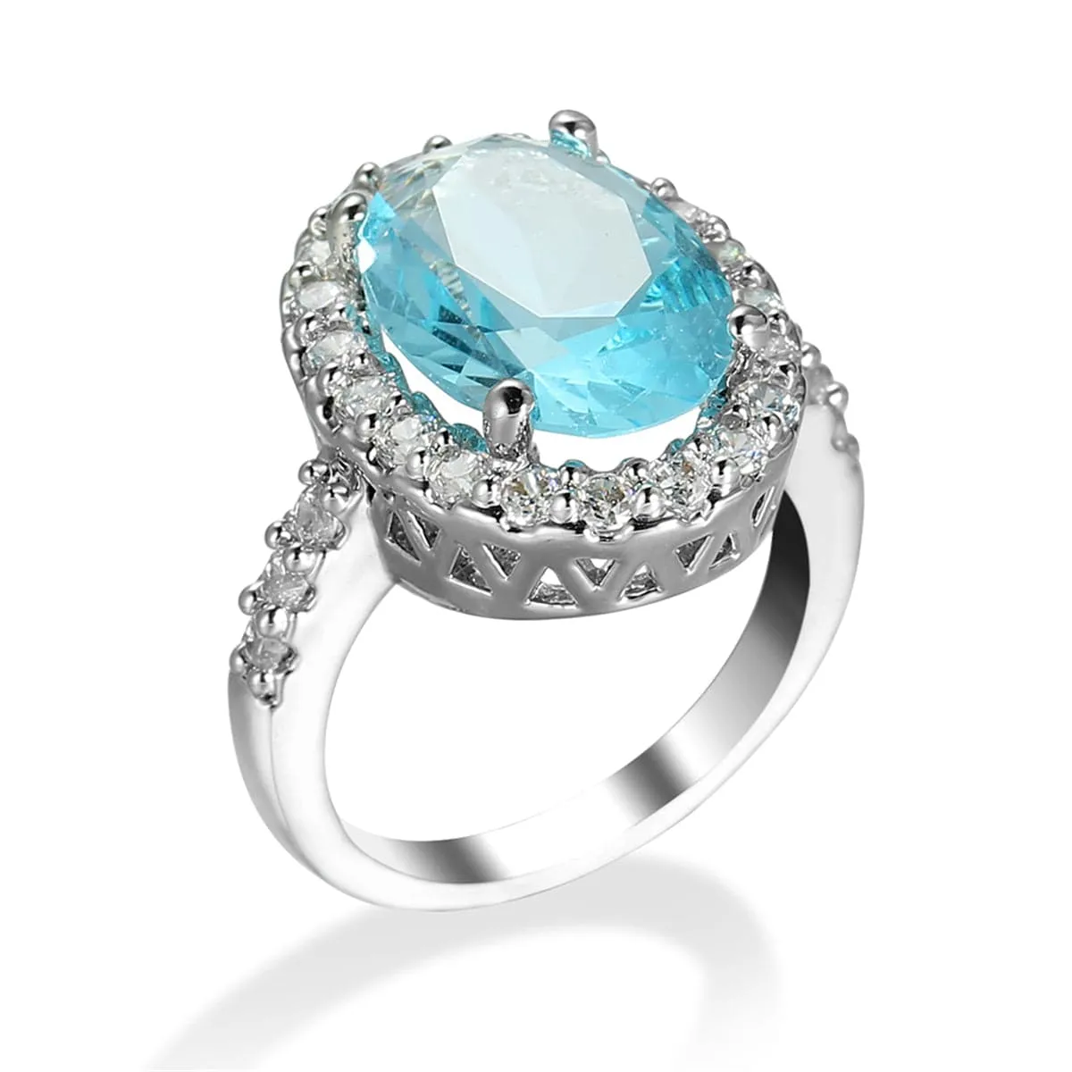 Sea Blue Crystal & Cubic Zirconia Oval-Cut Halo Ring
