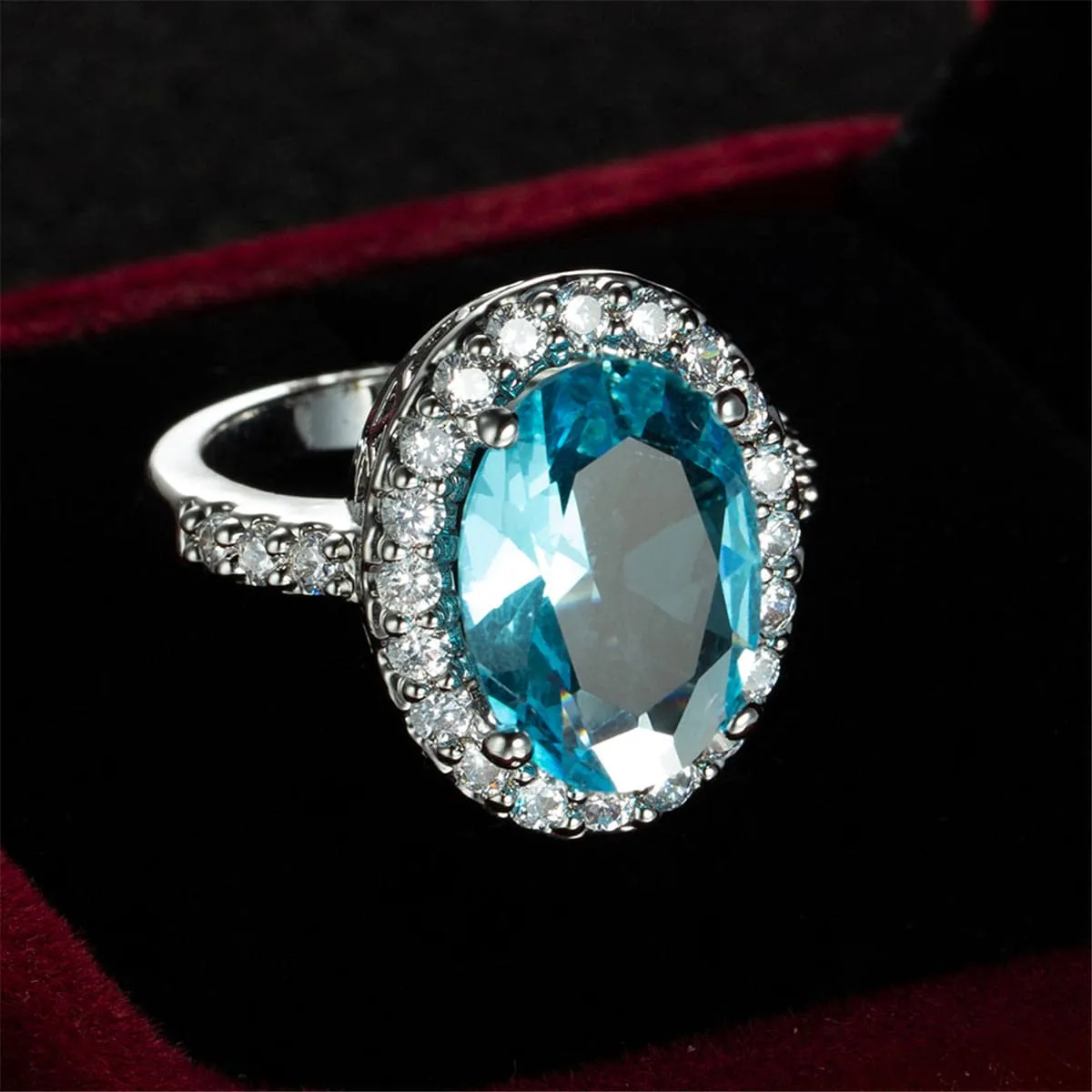 Sea Blue Crystal & Cubic Zirconia Oval-Cut Halo Ring