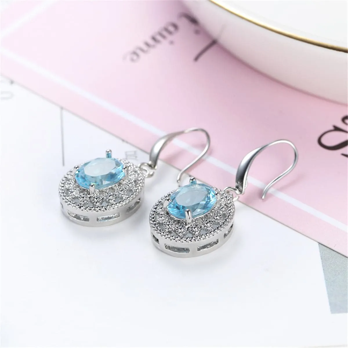 Sea Blue Crystal & Cubic Zirconia Silver-Plated Oval Drop Earrings