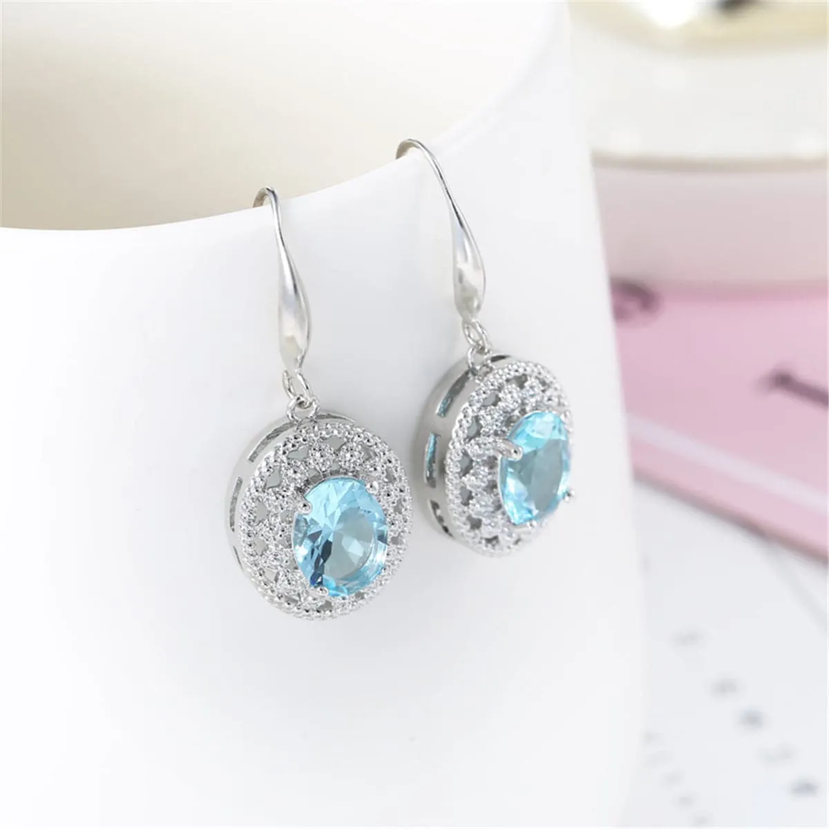 Sea Blue Crystal & Cubic Zirconia Silver-Plated Oval Drop Earrings