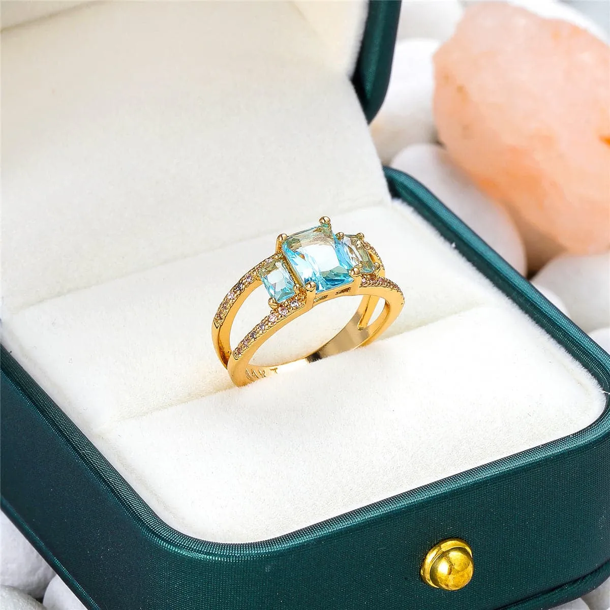 Sea Blue Crystal & Gold-Plated Double-Band Ring