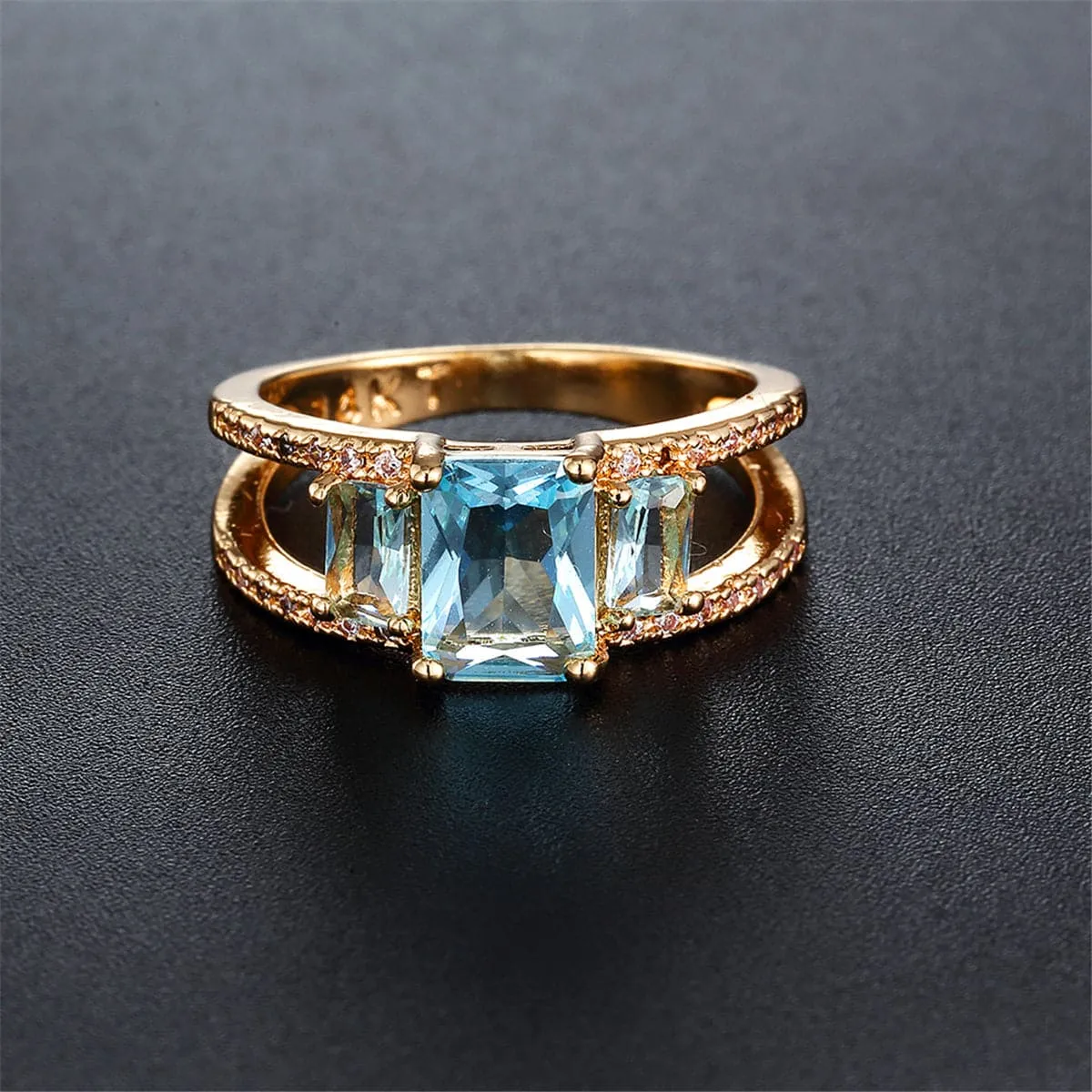 Sea Blue Crystal & Gold-Plated Double-Band Ring