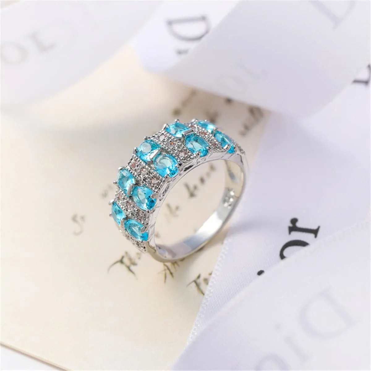 Sea Blue Crystal & Silver-Plated Oval-Cut Band Ring
