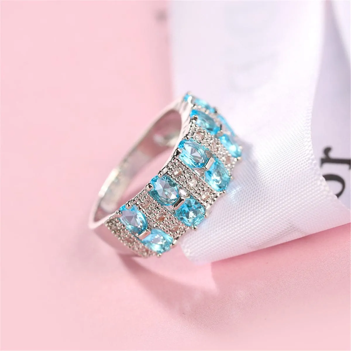 Sea Blue Crystal & Silver-Plated Oval-Cut Band Ring